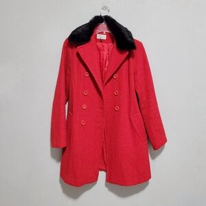 Vintage Red Wool Patterned Coat with Black Fuzzy Collar